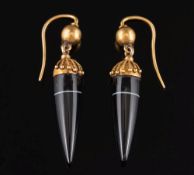 A pair of Victorian gold and banded agate drop earrings: each with an amphora-shaped agate drop