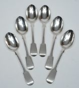 A set of six Edward VII silver fiddle pattern dessert spoons, maker Carrington & Co, London,
