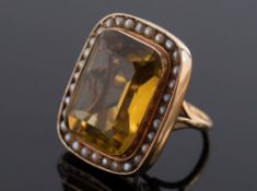 A rectangular smoky citrine and cultured seed-pearl cluster ring:,