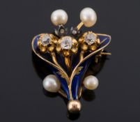 A late 19th century blue enamelled gold, diamond and pearl mounted brooch:.