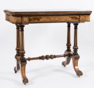 A Victorian walnut, ebonised, inlaid and gilt metal mounted rectangular card table:,