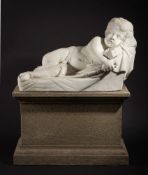 A 19th century Italian carved white marble figure: of a sleeping cherub:,