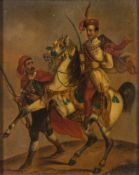 German School 19th Century- 
A Turkish Cavalry officer and footman:-
oil on metal
16.5 x 13cm.