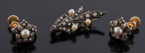A pair of button pearl and diamond mounted circular cluster earrings: and a rose diamond and