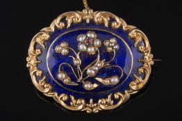 A Victorian gold, blue enamel and seed pearl oval memorial brooch:,