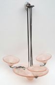 A French Art Deco circular pink glass and chrome three-branch electrolier:,