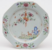 A Chinese famille rose octagonal dish: painted with deer in a landscape with rockwork,