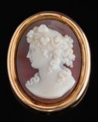 A gold and carved hardstone oval cameo portrait brooch: depicting a classical female portrait,