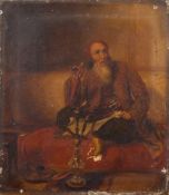 English School 19th Century -
A Turkish man reading a document and smoking a hookah:-
indistinctly