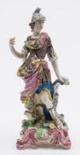 A large Bow figure of Minerva: the goddess wearing a plumed helmet and richly decorated tunic,