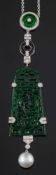 An art deco-style diamond, moulded green glass and freshwater cultured pearl pendant:,
