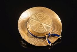 A gold and blue enamelled 'boater' brooch with blue enamelled band 'H.M.