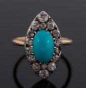 A turquoise and diamond mounted marquise shaped cluster ring: with central oval turquoise claw-set