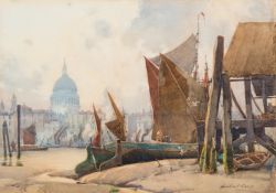 * Hubert Coop [1872-1953]-
East coast hay barges unloading on the Thames,