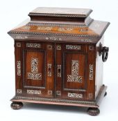 A Victorian rosewood and mother of pearl travelling workbox and secretaire:,