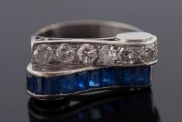 An art deco platinum, sapphire and diamond two-row cluster ring:,
