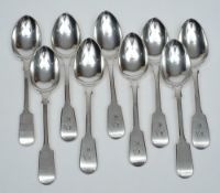 Nine matched silver fiddle pattern dessert spoons, various makers and dates: six initialled, 14.