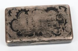 An Imperial Russian silver and niello inlaid snuff box: the hinged lid and base decorated with