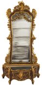 A Continental carved giltwood and simulated walnut pier mirror and serpentine fronted jardiniere:,
