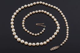 A graduated cultured pearl single string necklace: with diamond set clasp.
