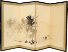 A Japanese four-fold paper and silk screen: painted in black with three seated figures in a