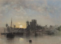 Henry Bright [1810-1873]-
Moonlit harbour scene:-
pastel and charcoal drawing with bodycolour
25 x