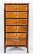 A late 19th Century French kingwood, inlaid and tooled leather upright chest:,