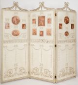 A late 19th Century French carved wood, gesso and painted three fold screen:,