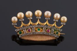 A late 19th century gold, seed-pearl, diamond, emerald and ruby mounted crown brooch:.