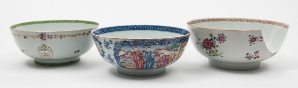 Three Chinese porcelain punch bowls: decorated in the famille rose palette,