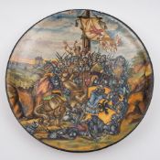 A large majolica circular plaque of Cantagalli type:  painted with a large number of knights and