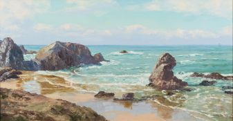 * Nancy Bailey [1913-2012]-
Porth Cothan:-
signed 
oil on canvas
39 x 75cm.