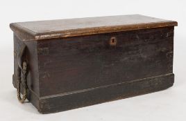A 19th Century sailors teak chest:, with a hinged top and leather carrying handles to the sides, 92.