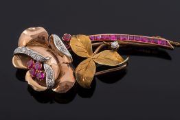 A mid 20th century two-colour gold, ruby and diamond 'rose' spray brooch:,