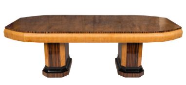 An impressive Art Deco walnut and coromandel veneered dining room suite:,
