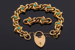 A 15ct gold and turquoise mounted bracelet: with padlock clasp and spare links,