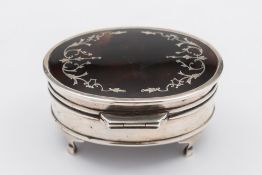 A George V silver, tortoiseshell and piquet inlaid oval ring casket, maker Adie Brothers,