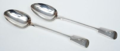 Two Victorian silver fiddle pattern basting or gravy spoons, Maker Charles Lias, London,