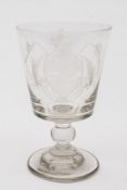 An early 19th century 'Farmer's Arms/God Speed The Plough' glass rummer: the bell shaped bowl