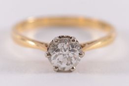 A gold and diamond single-stone ring: with round old brilliant-cut diamond approximately 5.7mm x 3.