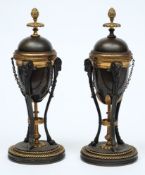 A pair of early 19th century bronze and gilt brass cassolettes:, of ovoid form,
