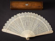 A late Regency period Chinese ivory brise fan: with central shield cartouche with initials,