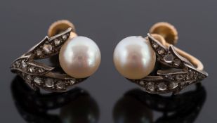 A pair of cultured pearl and rose diamond foliate earrings: each with a single cultured pearl