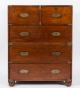 A 19th Century teak and brass bound military chest:, in two parts,