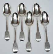 A set of six William IV silver fiddle pattern table spoons, maker William Theobalds, London,