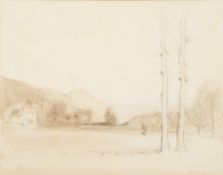 Sir David Young Cameron [1865-1945]-
A view in Tuscany:-
signed
watercolour and pencil drawing
30 x