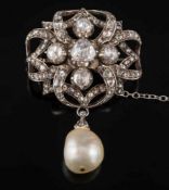 A natural pearl and rose diamond mounted oval brooch: of openwork looped ribbon design with five