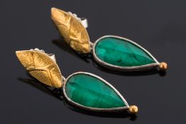 A pair of silver, silver gilt and green gem-stone pear-shaped drop earrings by Charmian Harris:,
