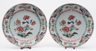 A pair of Chinese porcelain famille rose chargers: each painted with chrysanthemum and aster,