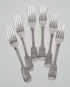 Six silver fiddle pattern dessert forks, various makers and dates: three initialled, 9.73ozs.